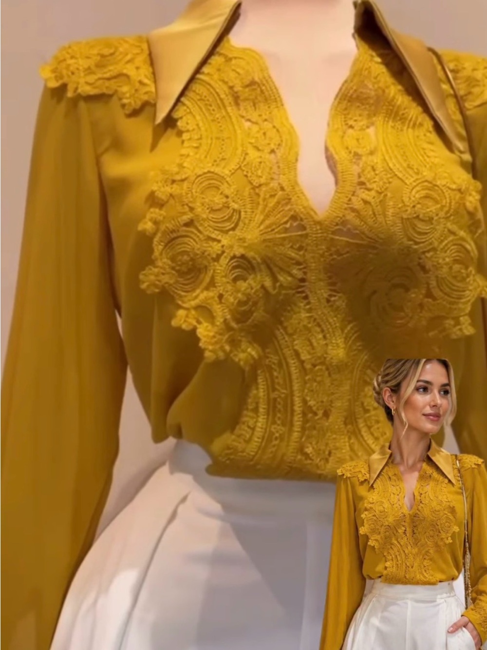 Ina Mustard Lace-Applique Long-Sleeve Blouse Size M